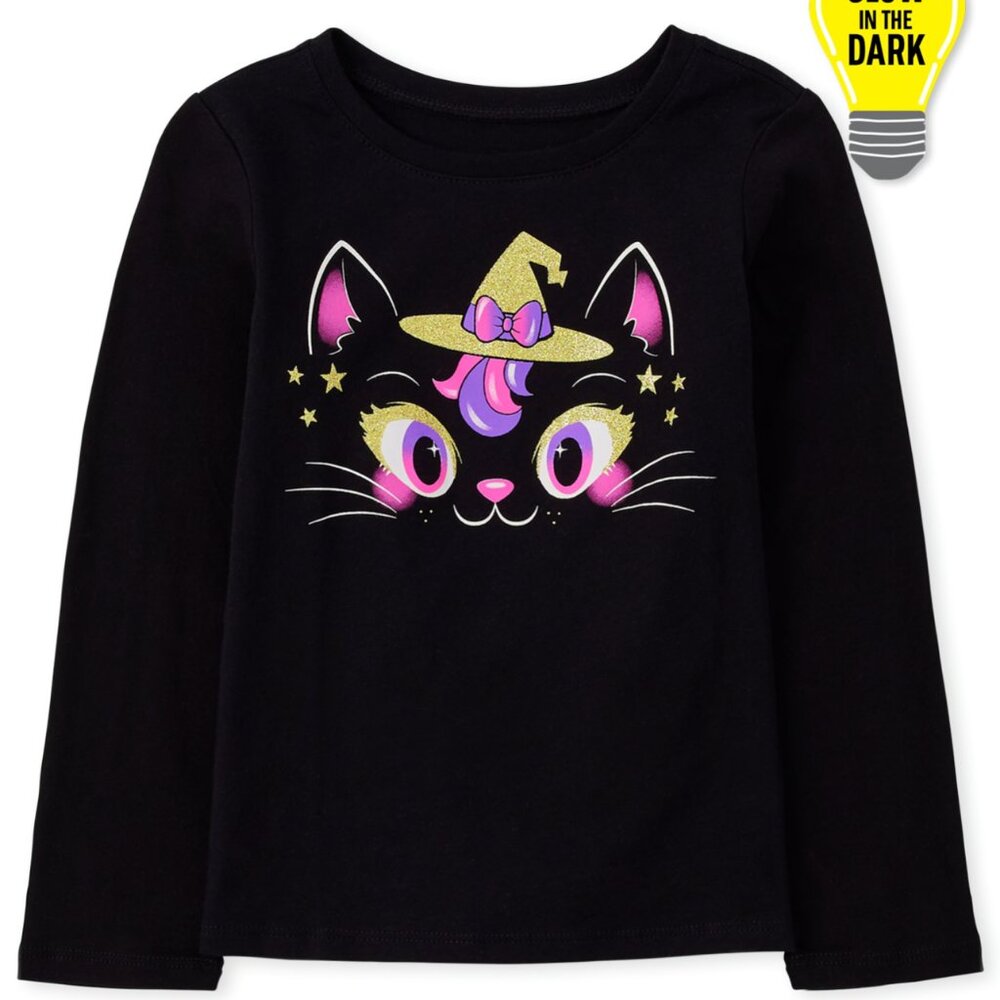 The Childrens Place Girls Glow Witch Cat Graphic Tee Black 2T Long Sleeve NWT